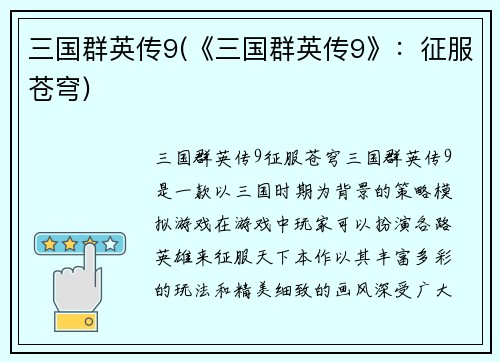三国群英传9(《三国群英传9》：征服苍穹)